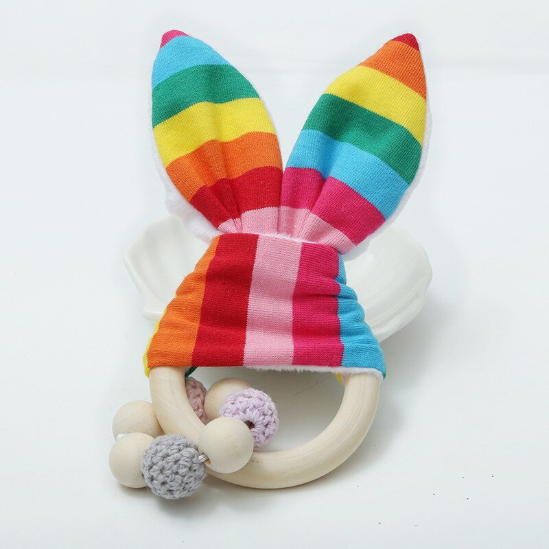 BalleenShiny Baby Kaninchen Ohren Rasseln Beißring Spielzeug Beruhigende Infant Holz Zahnen Spielzeug Kinder Kinderwagen Dekoration Zubehör: color