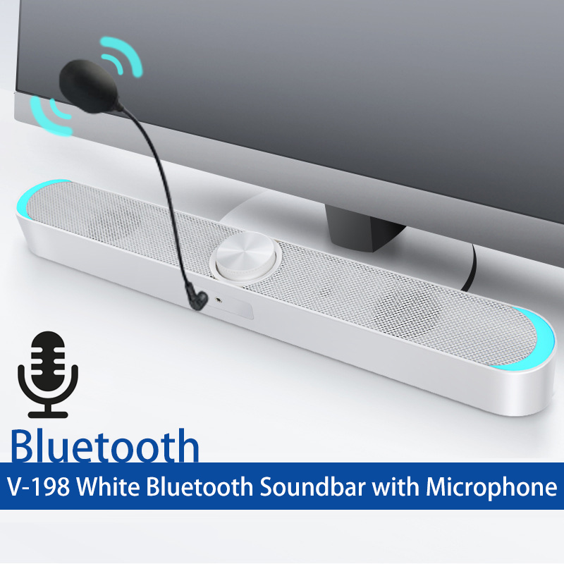 Home Theater Soundbar Desktop Speaker with Bluetooth Microphone USB Jack Dual Loudspeaker Sound Stereo Surround Sound for Home: V-198 White BT Mic