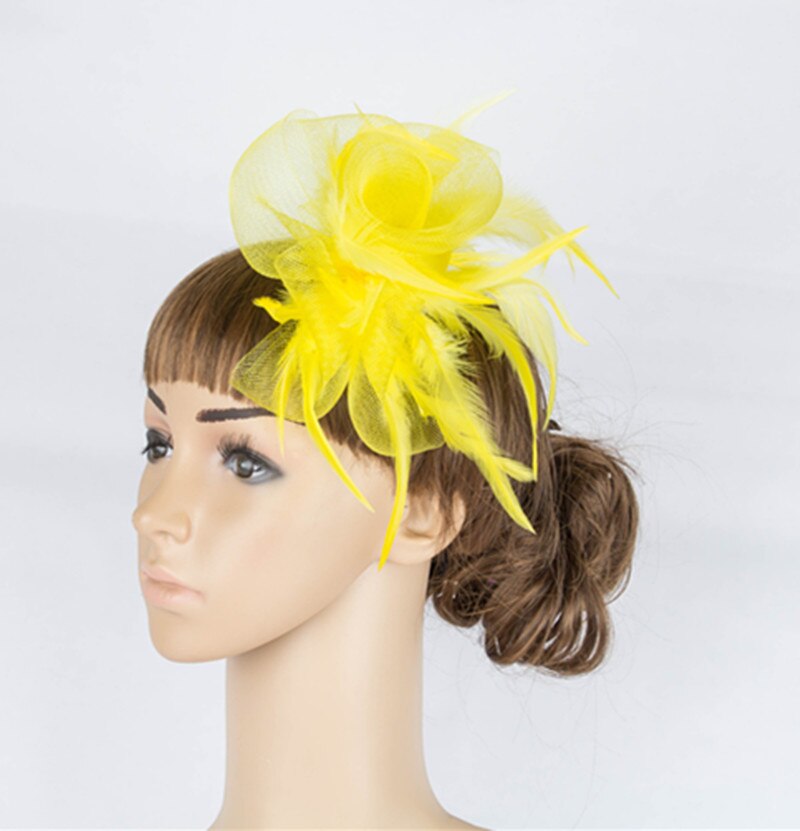 Wonderful color crinoline fascinator headwear feather colorful mesh party show hair accessories millinery cocktail hats MYQ053: Yellow