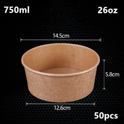 Cuenco de papel desechable de gran tamaño para ensalada de frutas, paquete de comida rápida, almacenamiento de comida para llevar, paquete de cumpleaños para exteriores, 50 unids/paquete: 750ml no lid