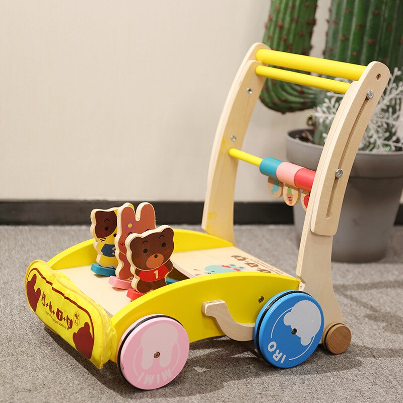 Wooden Multi-functional Infant Walking Assistant Trolley Wooden Baby Toy Car
