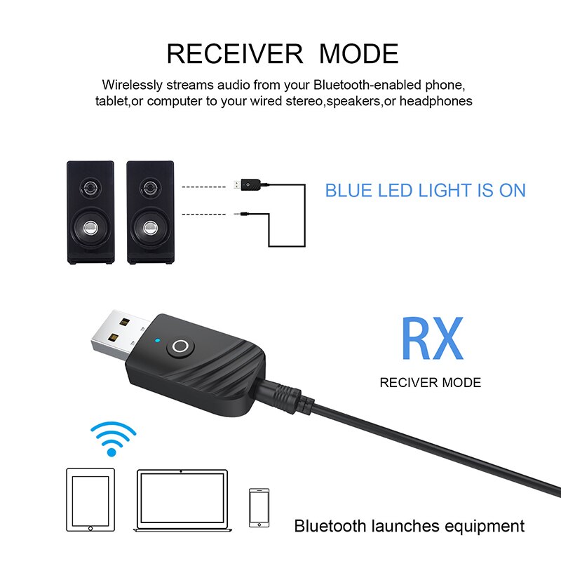 Bluetooth 5.0 Adapter AUX Audio Receiver Transmitter 2 IN 1 3.5mm Jack Wireless Adapter With LED For TV Earphone PC Car Computer