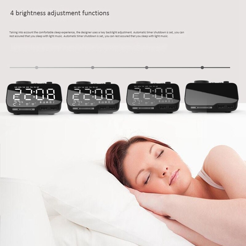 Digital Alarm Clock Bluetooth Speaker FM Radio Temperature Snooze Brightness Dimmer for Bedroom Sleep Timer