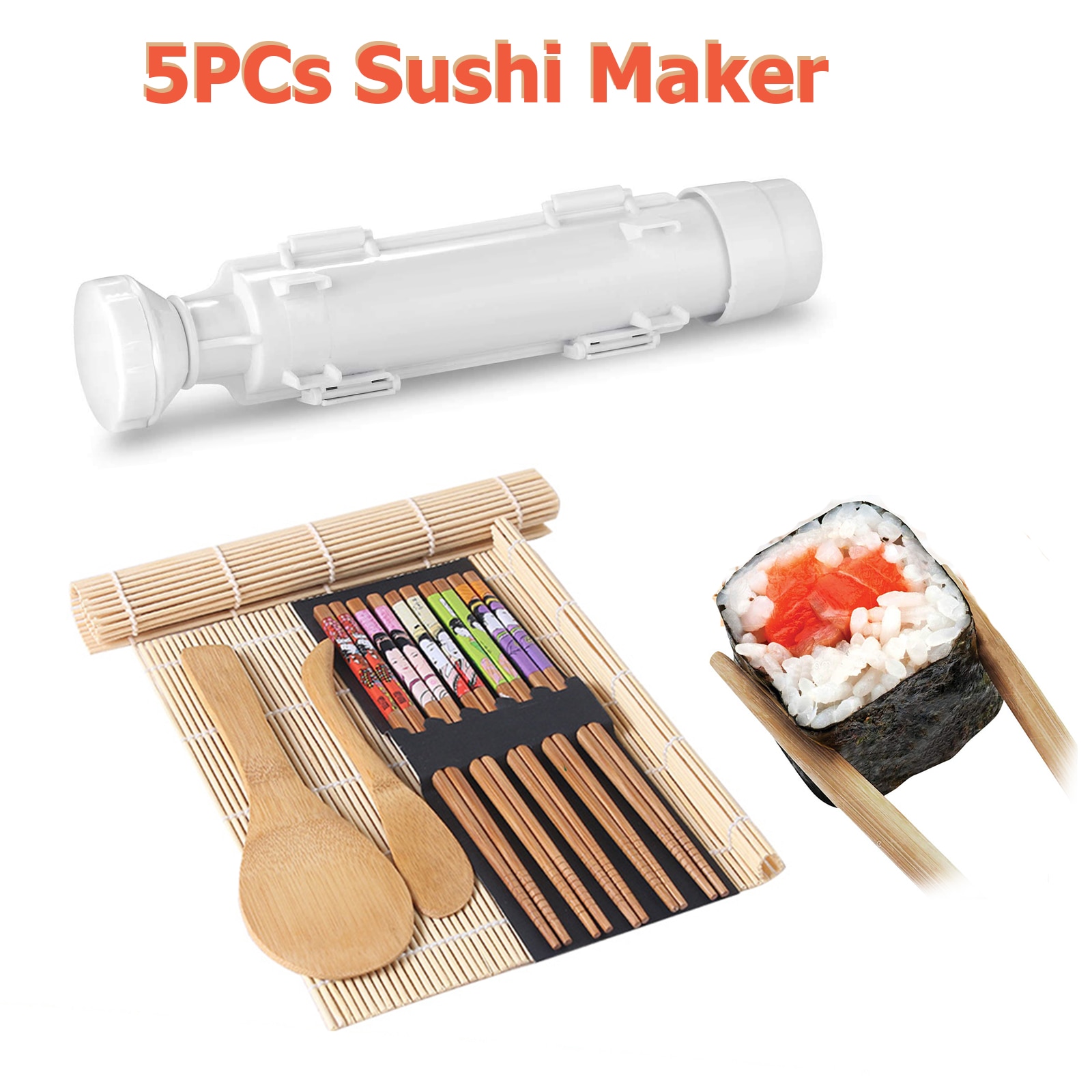 5Pcs DIY Bazooka Sushi Maker Set Kitchen Bamboo Roll Sushi Making Tool Kit Sushi Mold Cooking Tools Set Food Grade