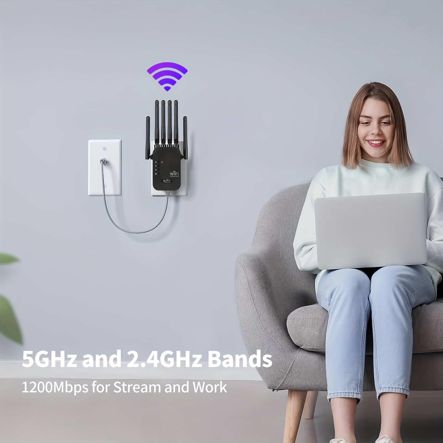 Dual-band gigabit ethernet-porter, wifi 6- forlenger, fungerer med alle rutere, universell kompatibilitet, , 6 antenner for 50+  enheter