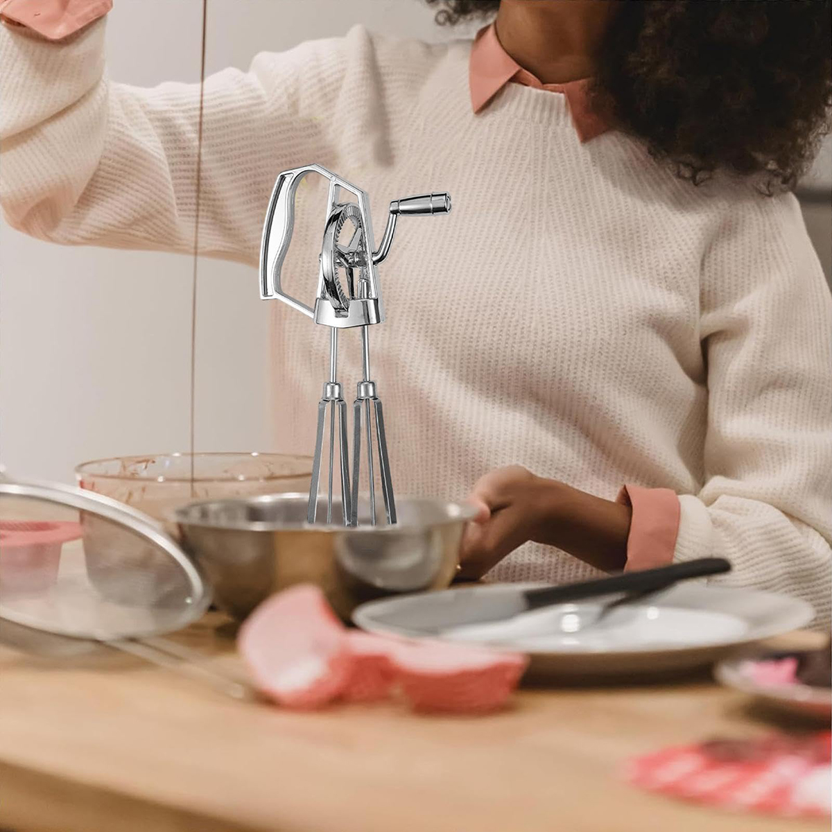 Handvisp i rostfritt stål, äggvisp med dubbla växlar för modern bakning och köksbruk