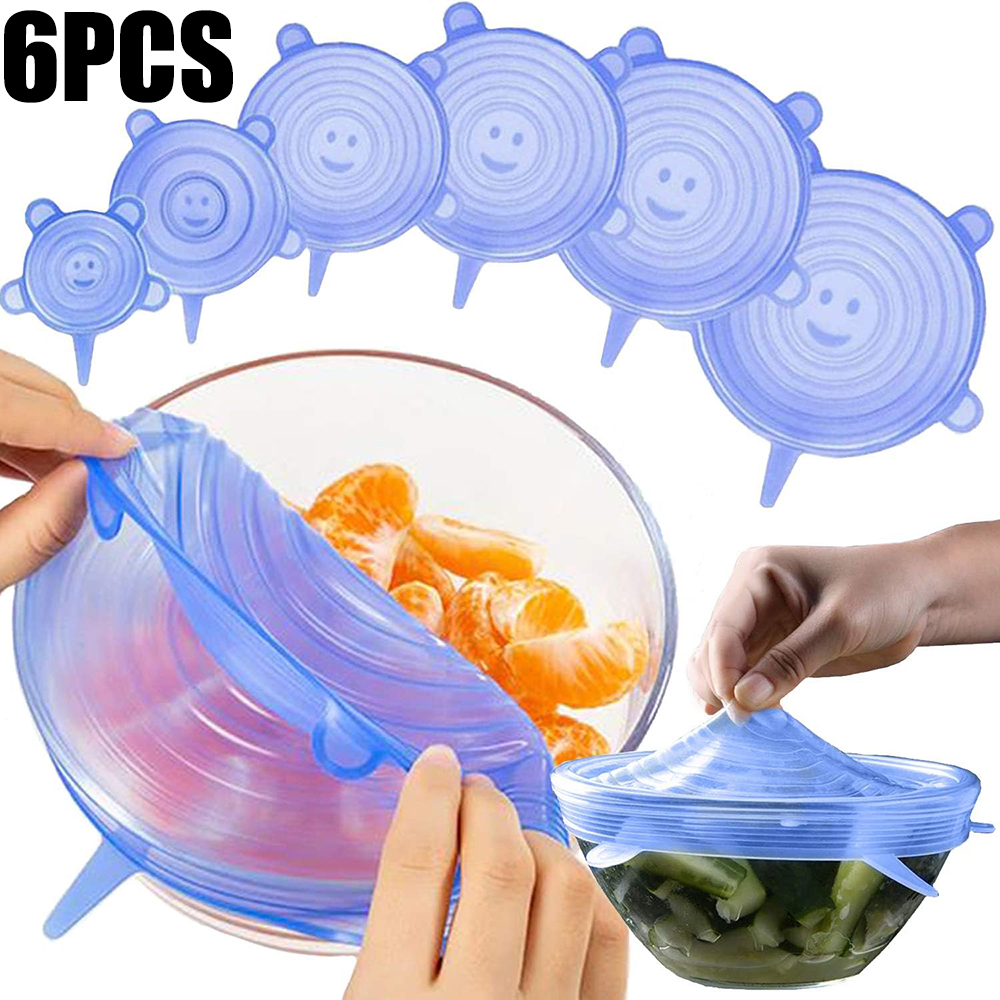 Cubierta de conservación de silicona de grado alimenticio, tapas redondas elásticas universales para platos, reutilizables, herméticas, para accesorios de cocina, 6 uds.