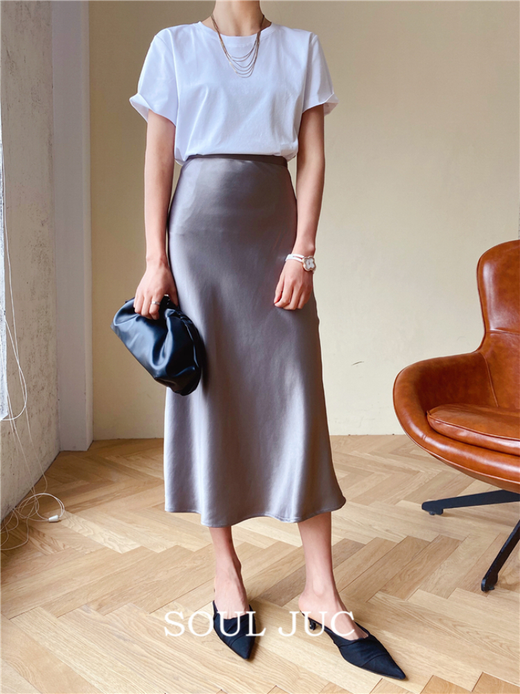 Silke satin nederdele til kvinder højtaljet nederdel kvinder a-linje nederdele sommer pink midi nederdel koreansk stil