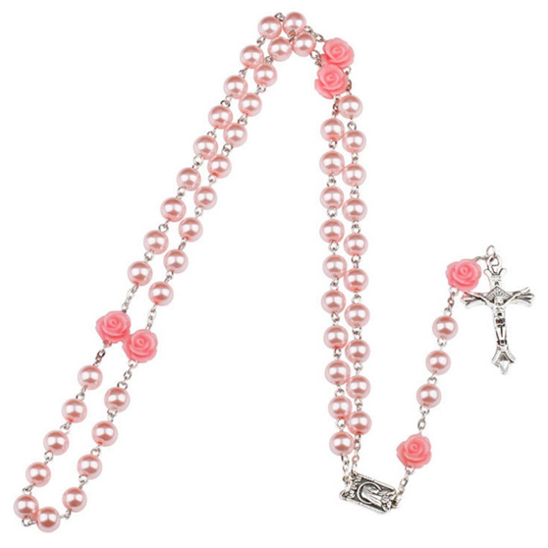 5 stili moda cattolica vergine maria gesù piccola dimensione rotonda perla accessori gioielli catena croce pendente rosario perline collana: Style 2-pink