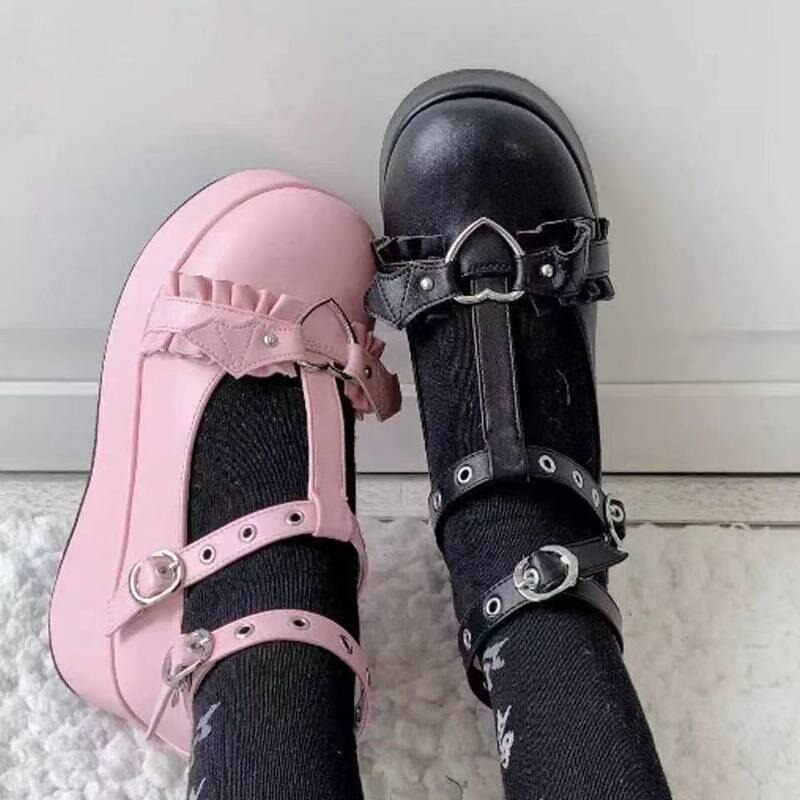 Womens Platforma buty gotyk punk buty Lolita damski kliny gruby obcasy Słodki JK retro Harajuku 35-43 plus rozmiar Nowy