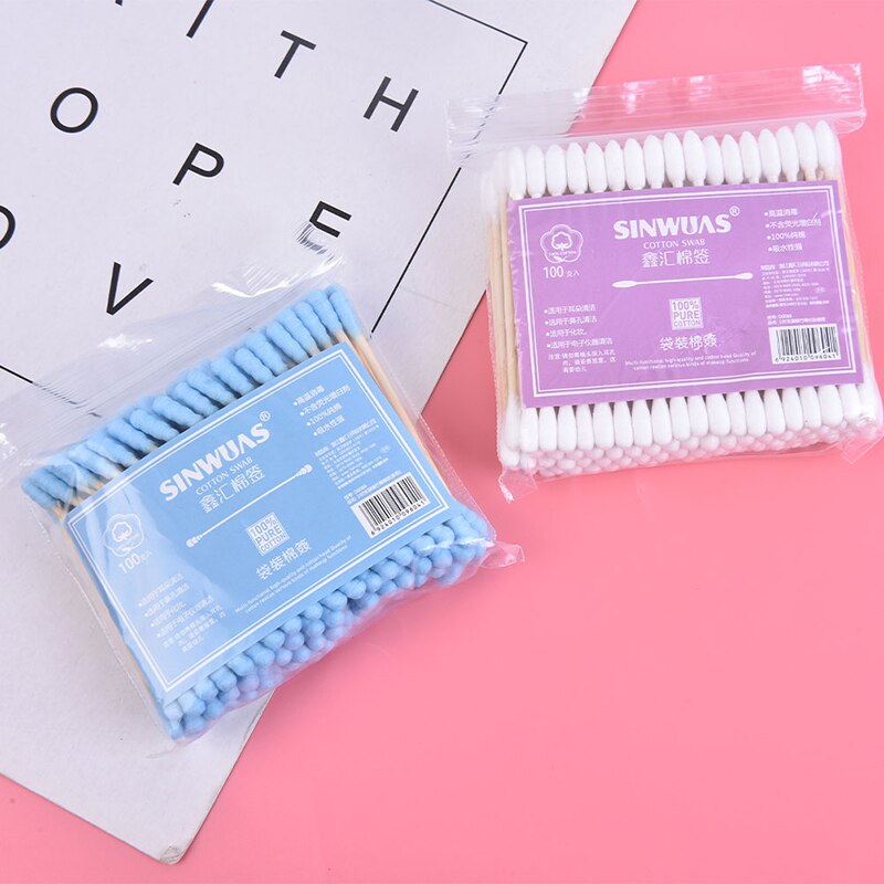100 stuks/pak wattenstaafjes met dubbele kop voor vrouwen make-up, wattenstaafjes, houten stokjes, neus- en oorreinigingshulpmiddelen voor de gezondheidszorg