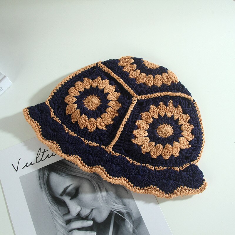 Summer Hollow Crochet Flower Fisherman Hat Shade Breathable Knitted Bucket Hat Ladies Panama Knitted Fisherman Hat: 05