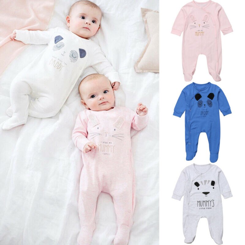 Spedbarn tegneserie bjørn babyklær jente og takrenne langermet pappa mamma baby bukse babygrow sovedress baby bukse 0-18 måneder