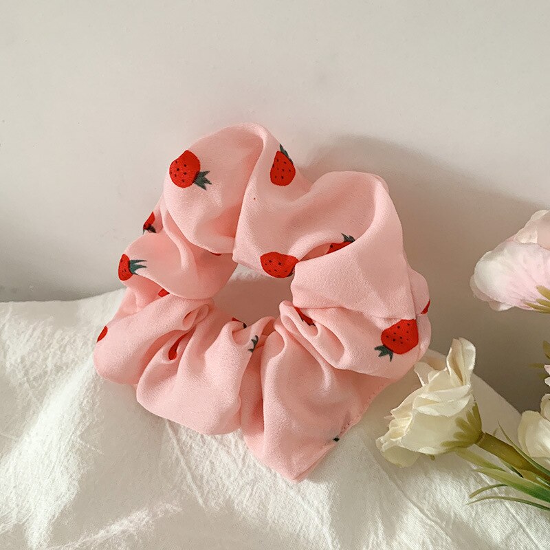 Strawberry Intestine Hair Band INS South Korea Cute GIRL'S Hair Accessories BM Hair Band Chiffon Fabric for Tying Hair fei chang: Peach  Strawberry