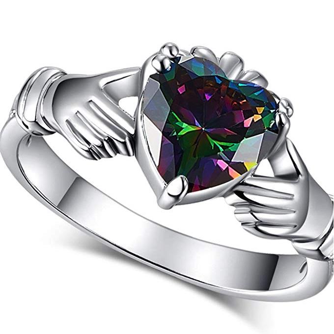 Huitan Mode Hart Claddagh Ring Met Rainbow Cz Prong Instellen Verzilverd Mode-sieraden Beste Minnaar Ringen Voor Vrouwen
