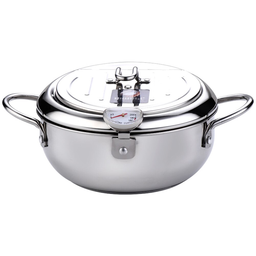 Friteuse Tempura japonaise avec couvercle de thermomètre, égouttoir à huile, en acier inoxydable 304, pour la cuisine: 20cm / Silver