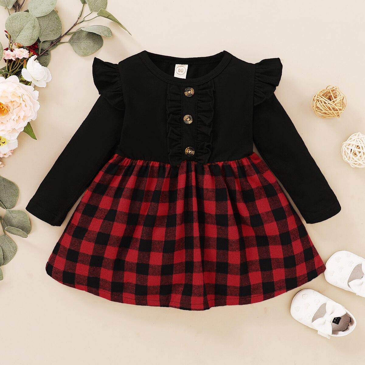 Vestido de manga larga de invierno para bebé y niña, vestido a cuadros verde y rojo con Top negro, trajes de cumpleaños para niña pequeña, 12 meses: Rojo / 90(12-18M)