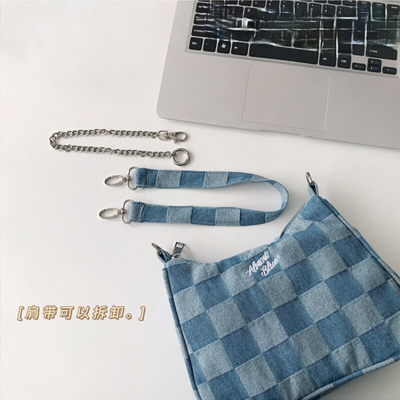 Retro Plaid Frauen Denim Hobos Schulter Taschen Damen Kette Unterarm Tasche Vintage Weibliche Mädchen Kleine Geldbörse Handtaschen