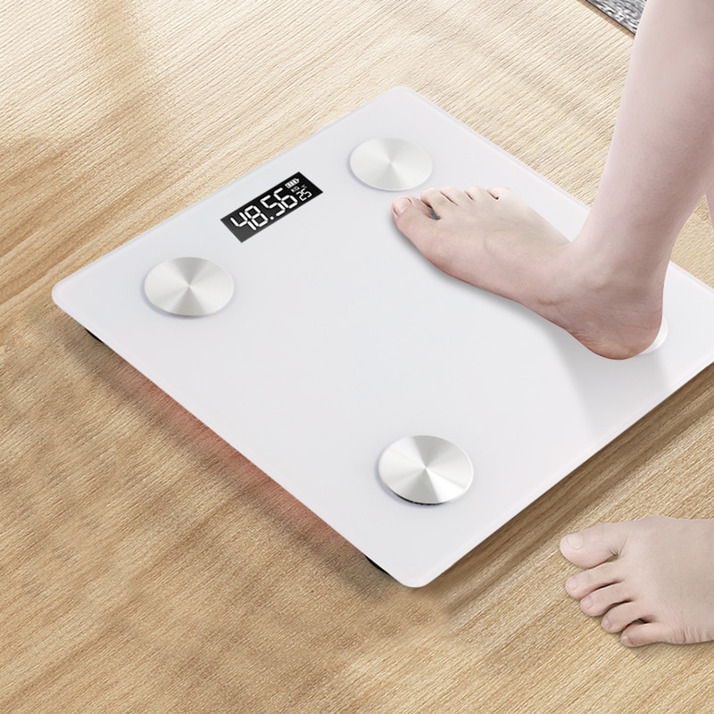 Báscula digital de baño, dispositivo inteligente retroiluminado de medición de grasa corporal, índice de masa muscular y cantidad de agua con Bluetooth