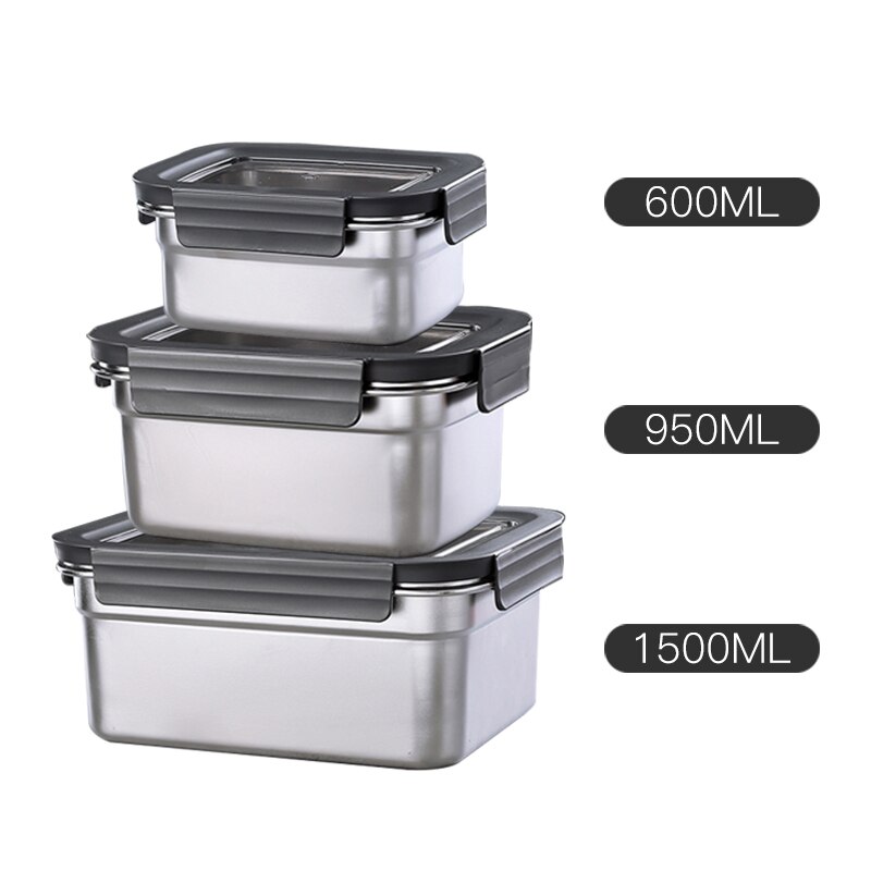 Refrigerator Food Container Set 304 Stainless Steel Meat Freezing Storage Containers with Lids Kitchen Keep Fresh Airtight: 3 - PCS deepen shape