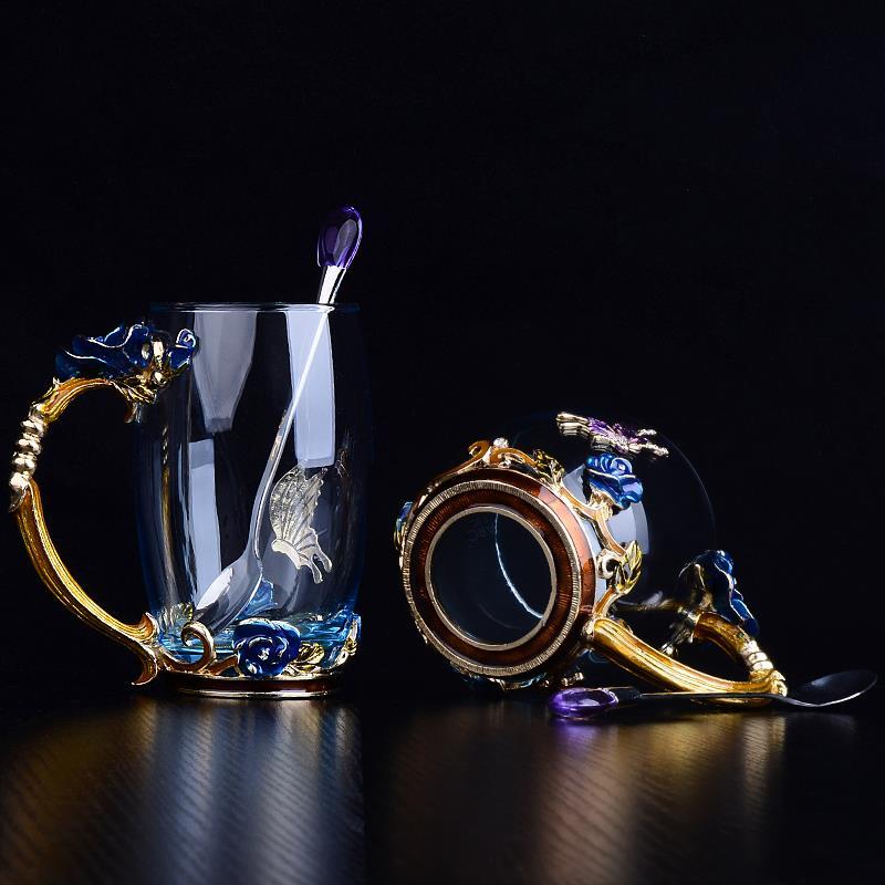 350ml emalj 3d fjärilsros kaffekopp värmebeständig blomma te glas kopp sked set dricksglas bröllop