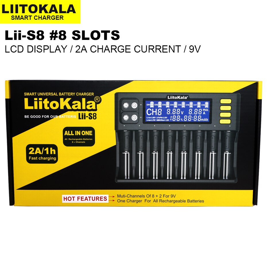 Liitokala lii -s8 akkulaturi 3.7v 18650 li- ioni 1.2v aa nimh 3.2v li-fepo 4 +  lii -48s 21700 4800 mah akut: Lii -s8 set c -kaapeli