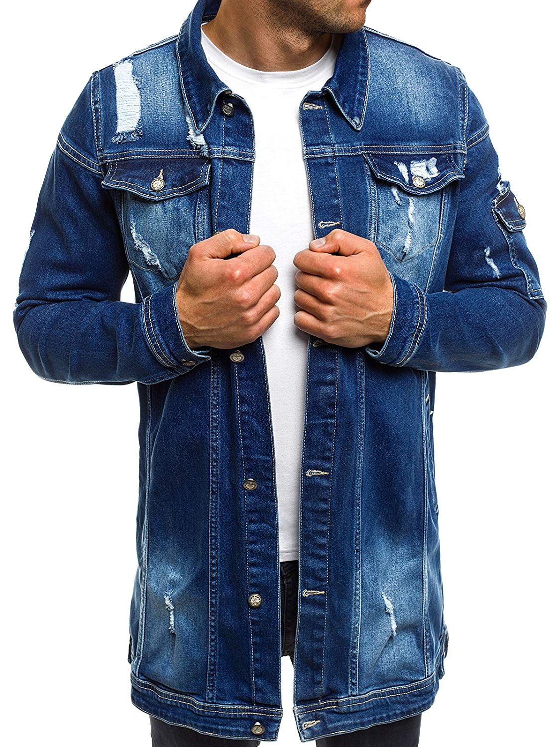 Men Cowboy Coat Autumn Style Beggar Hole Denim Jacket Loose Thin Sleeve Cowboy Jacket XXXL: ShenL / XXXL