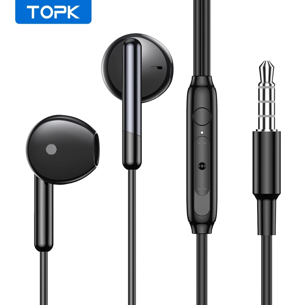 TOPK Earphone In-Ear Volume Control with Microphone 3.5mm Jack Universal for iPhone Android: WHITE