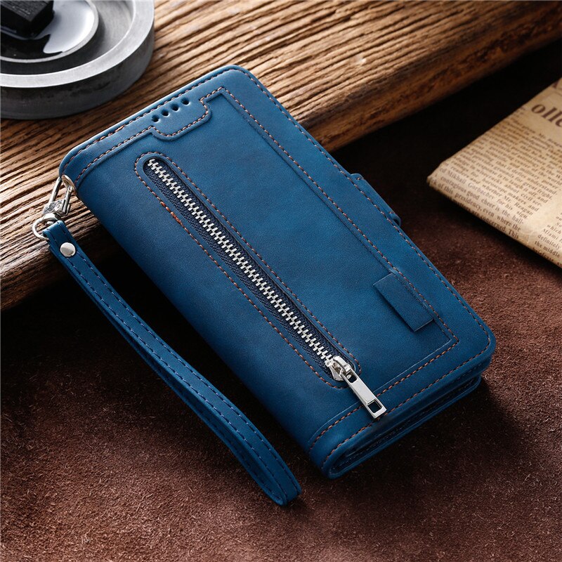 Luxe Zipper Wallet Note9S Case Voor Xiaomi Redmi Note 9S 9 Pro Max Note9pro Retro Lederen Kaartsleuven Boek telefoon Bag Cover Coque: Redmi Note9Pro(Max) / Blue