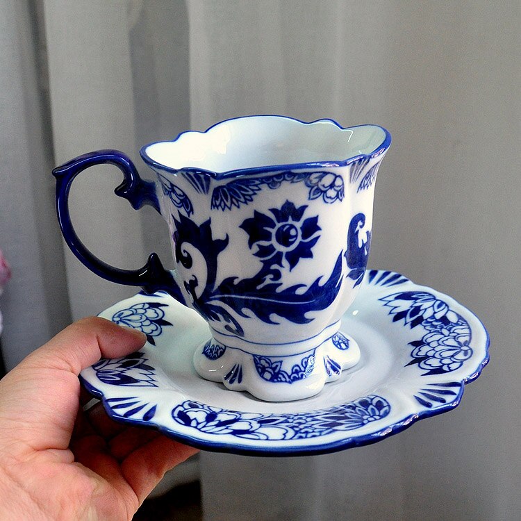 Vajilla de cerámica Jingdezhen, taza de leche europea, té, porcelana azul y blanca, taza de café y plato: A