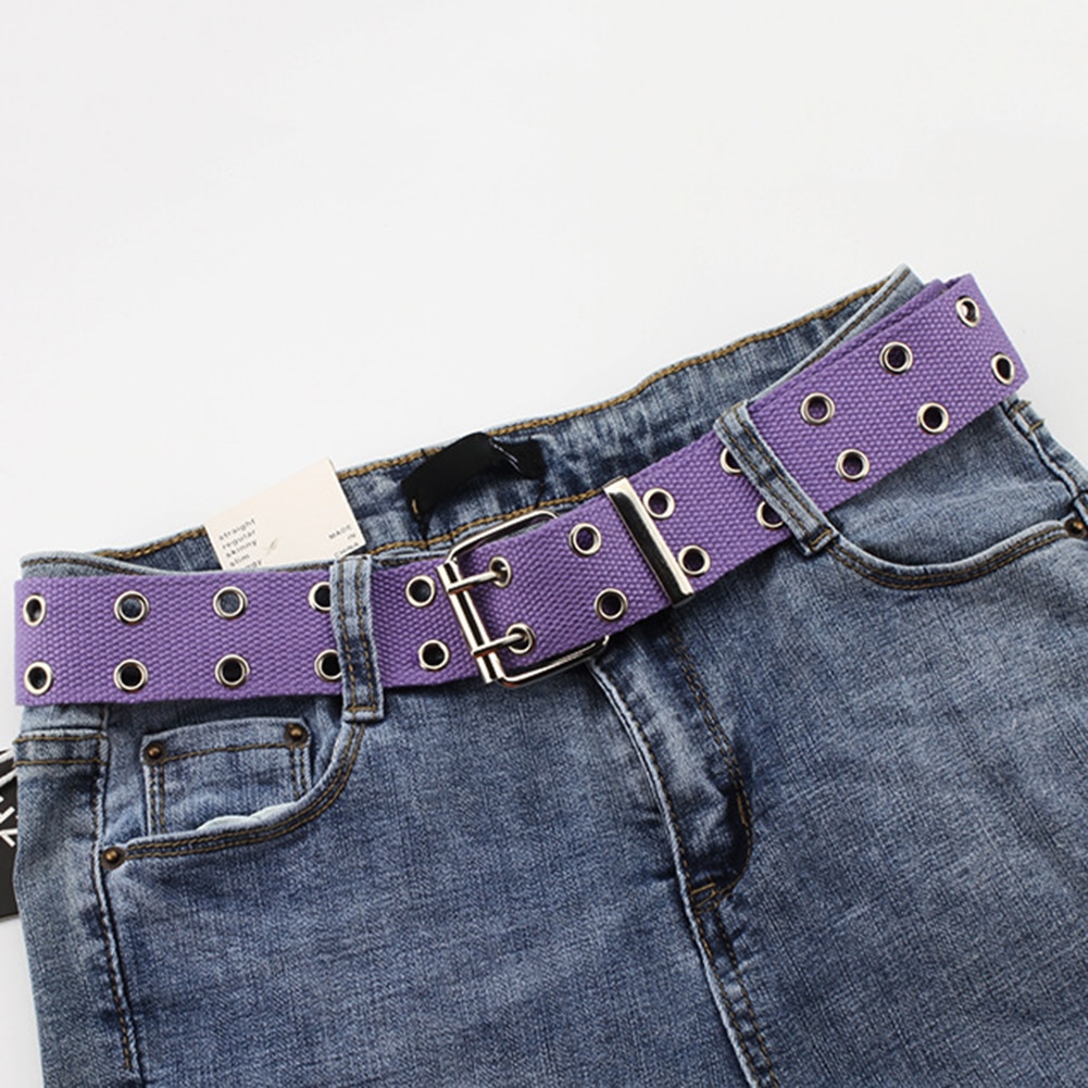 Cinturones de lona ancha para hombre y mujer, cinturón informal de doble Agujero hueco con hebilla, correa ajustable de Color sólido, pantalones vaqueros para estudiantes: Purple