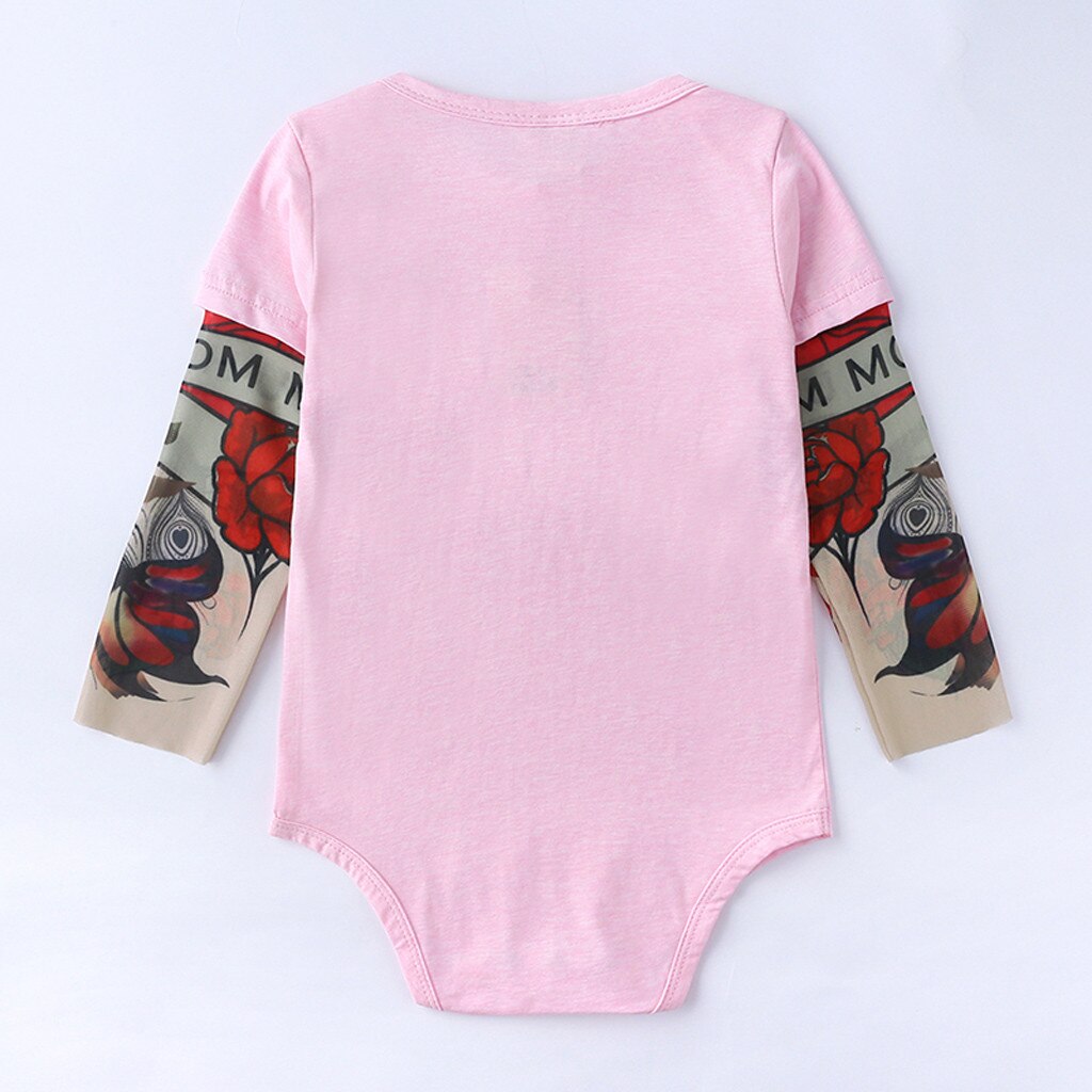 Mode Pasgeboren Baby Baby Jongens Meisjes Kleding O-hals Roze Tattoo Gedrukt Lange Mouw Patchwork Romper Jumpsuit Body