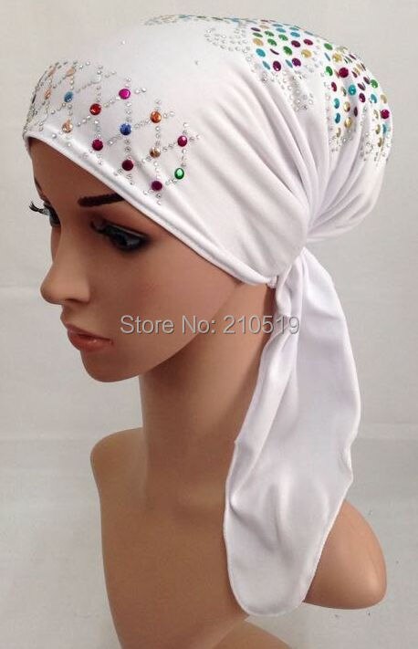 (Paillettes motifs envoyer aléatoire) cristal ITY élastique chapeau musulman hijab turban islamique (Plus de couleurs stock maintenant): 11white