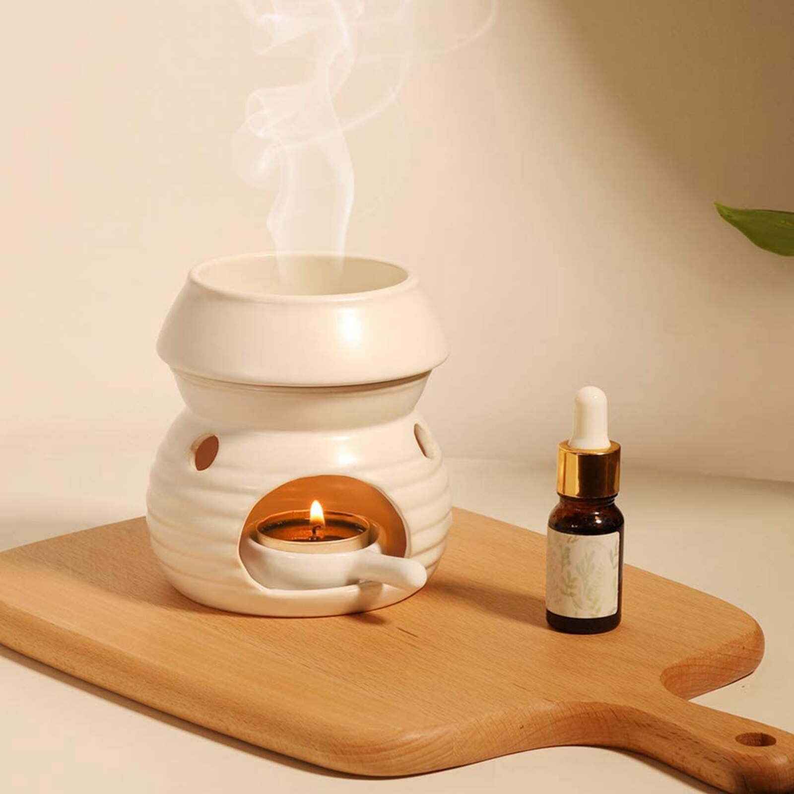 Ceramic Candlestick Mini Portable Incense Holder Candle Stand with Handle for Home Coffee Shop White