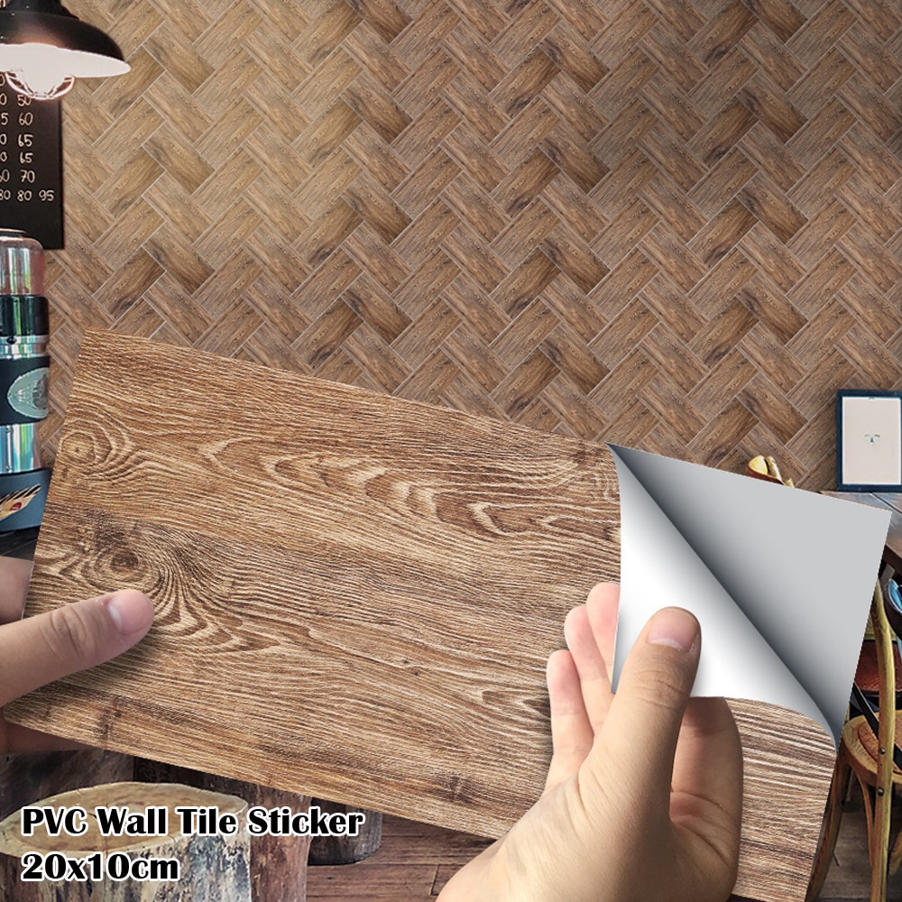 9Pcs/Pack 20x10cm Dark Brown Wooden Self-adhesive PVC Wall Stickers DIY Bathroom Kitchen Wall Tile Stair Sticker