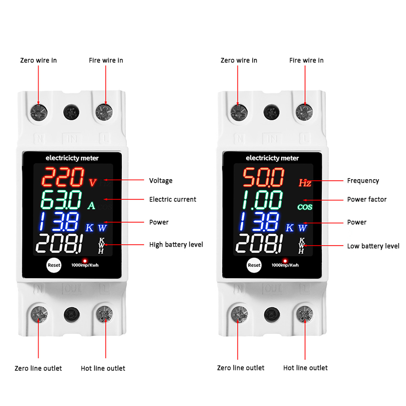 Digital Energy Meter Din Rail Electricity Usage Monitor AC30-400V Voltmeter Ammeter Watt Kwh Frequency Power Meter