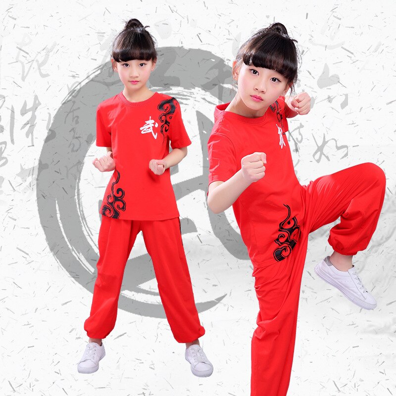 Kinderen Chinese Traditionele Korte Mouwen Wushu Kleding Vechtsport Uniform Kung Fu Pakken voor Meisjes Jongens Ochtendgymnastiek Kleding: Red / 4XL