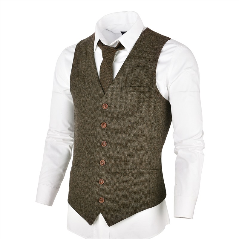VOBOOM Wool Tweed Mens Waistcoat Single-breasted Herringbone Slim Fitted Suit Vests 007: Khaki / L