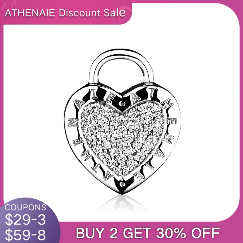 ATHENAIE 925 Sterling Silver Charms Pave Clear CZ Lock Your Promise Clip Stopper Beads Fit European Bracelet & Necklace Jewelry