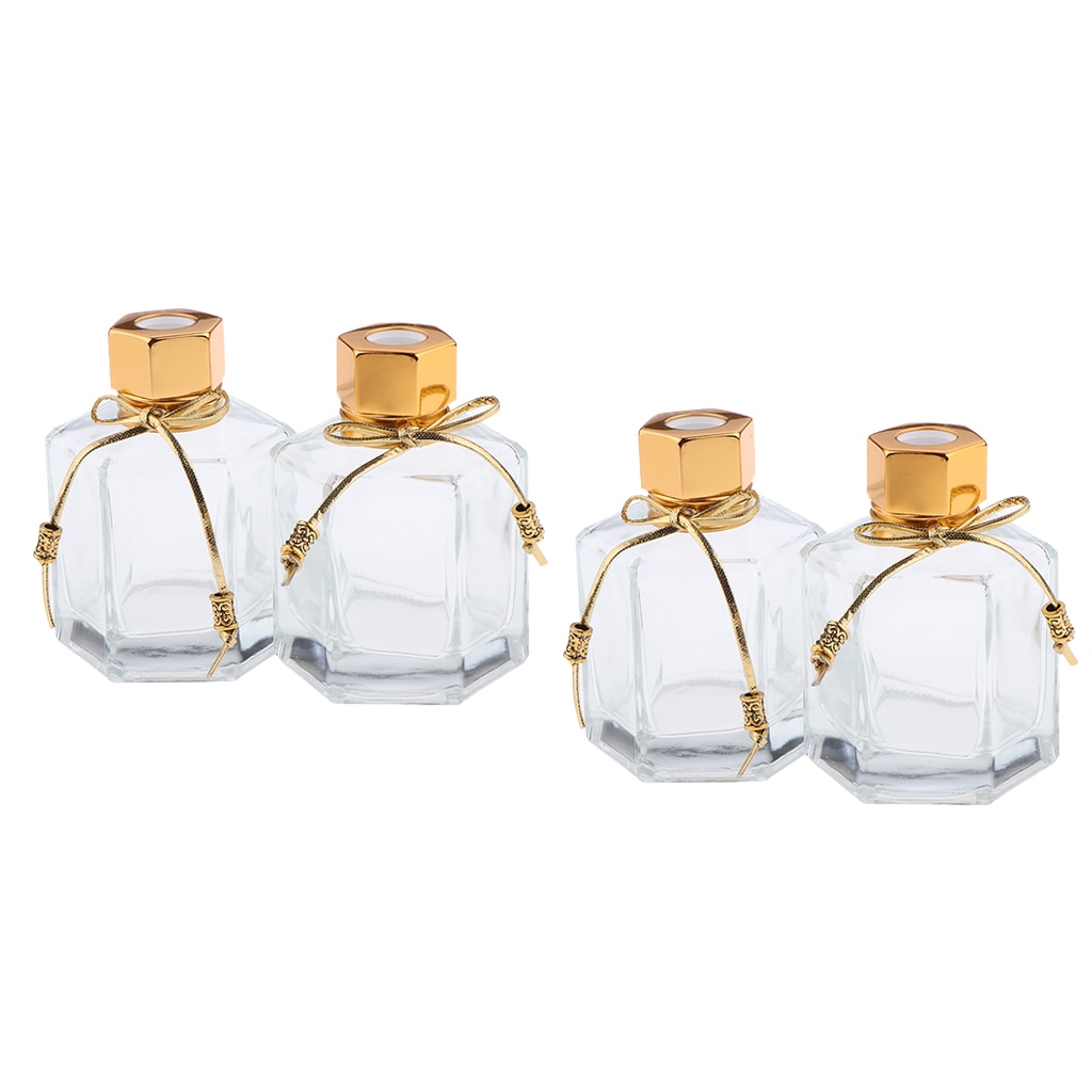 Gold 4Pcs 100ml Aroma Glass Diffuser Bottles Hexagonal Oil Containers Decors