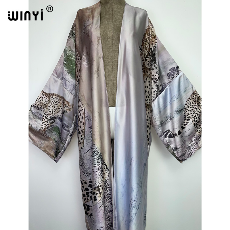 Winyi Herfst Tiger Printing Beach Wear Swim Pak Elegante Afrika Vrouwen Boho Vest Sexy Lange Mouw Kimono Jurk