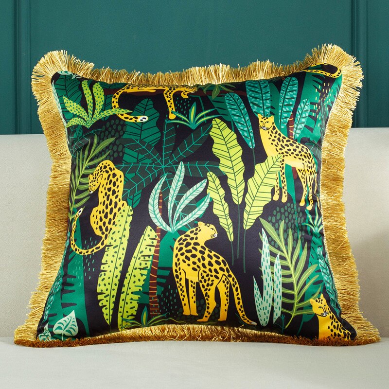 Lyxigt siden örngott tropiskt djur skog dekorativa kuddar med tofs 45cm leopard kuddfodral hem bäddsoffa dekoration: 3