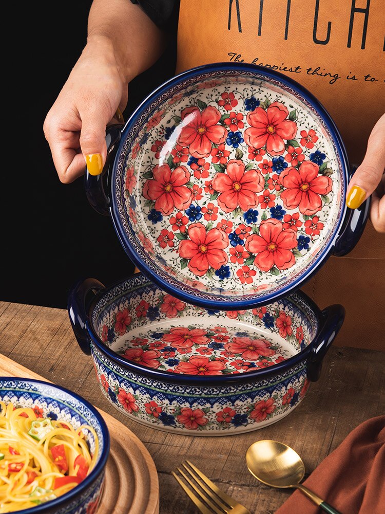 Vajilla Bohemia con de flores para el hogar, platos binaurales de cerámica con mango Retro para ensalada, Bol para el microondas, bandeja para hornear