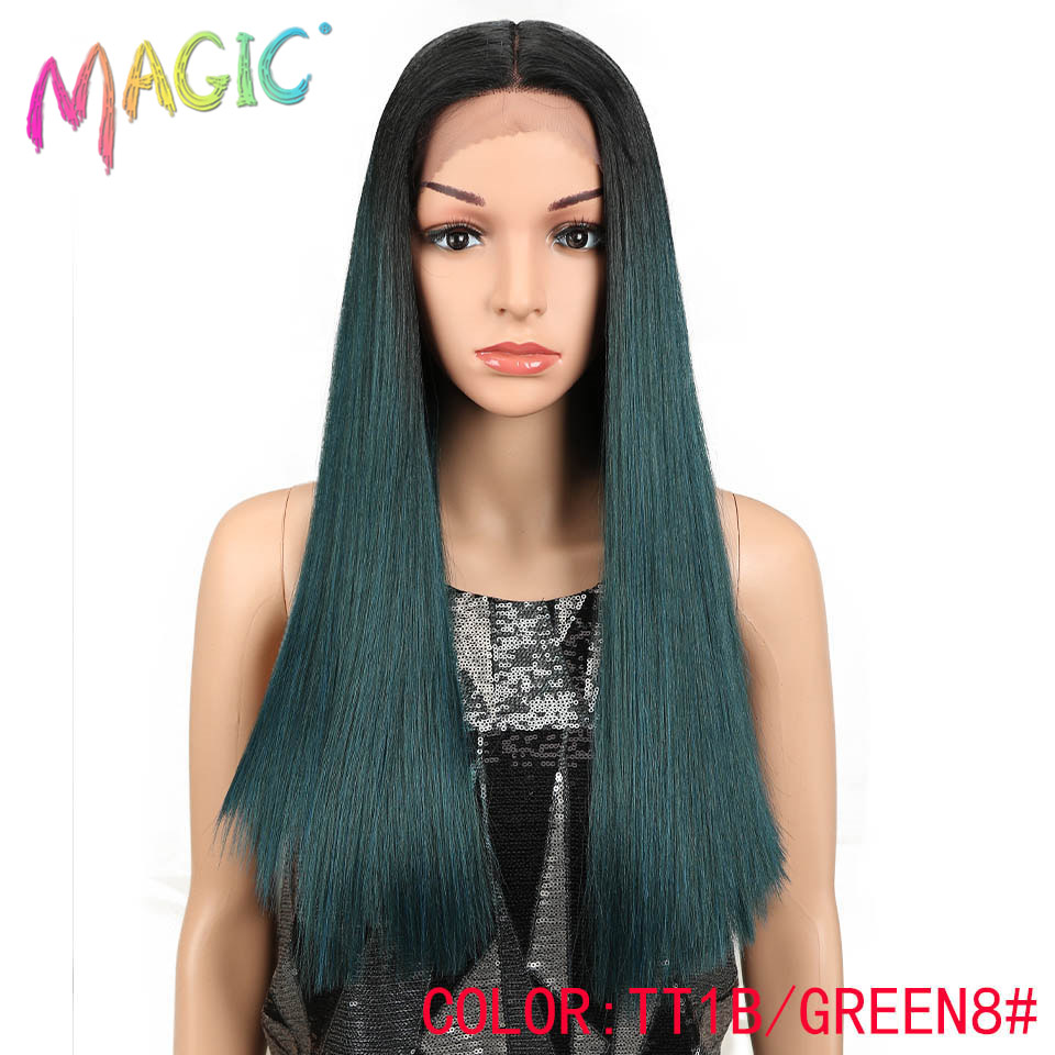 Cabelo mágico 20 "Polegada peruca dianteira do laço do cabelo reto sintético natural linha fina resistente ao calor parte do meio do cabelo da fibra para preto: TT1B-GREEN8