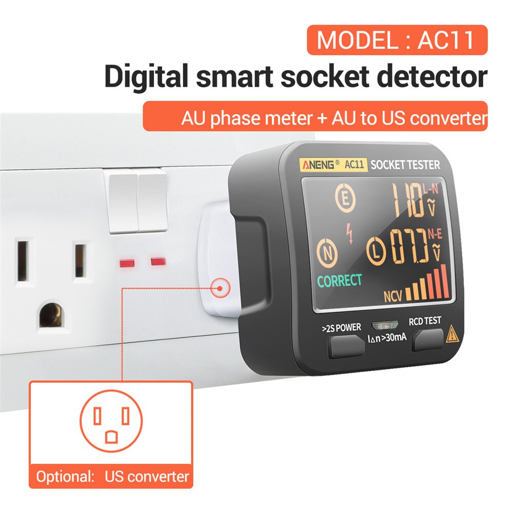 ANENG Multifunctional Electric Socket Tester Leakage Detector Portable LCD Electrical Electroscope RCD NCV Electric Tester: US
