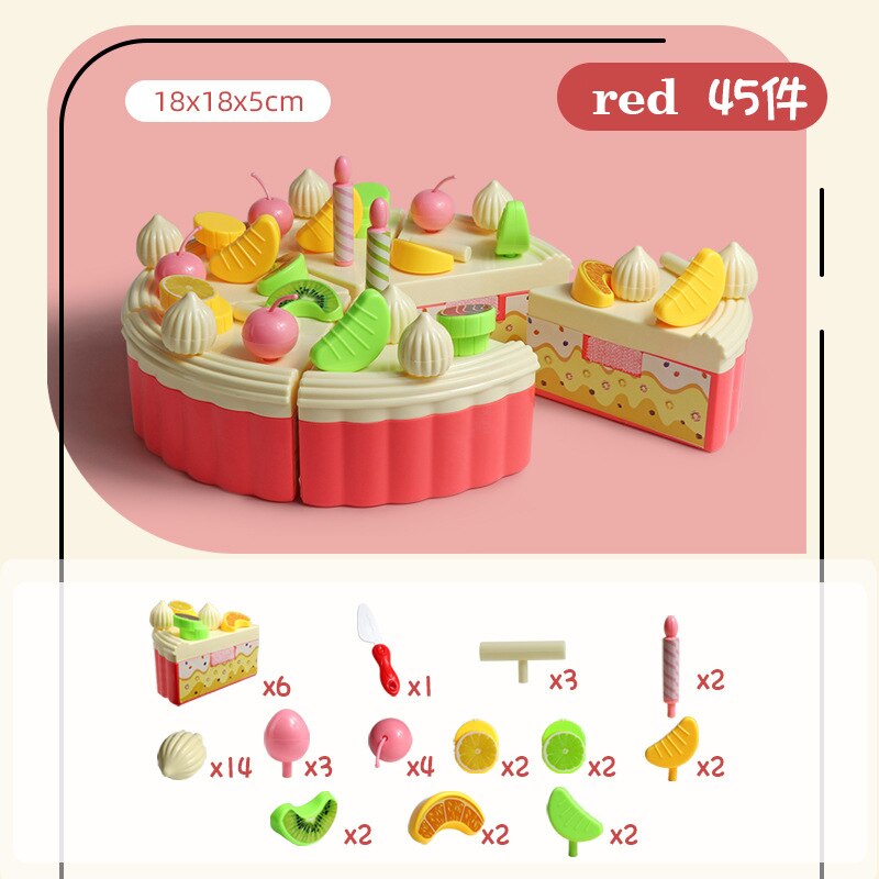 53pcs/lot Children Pretend Role Play House Toy Cutting Fruit Plastic Vegetables Food Kitchen Baby Classic Kids Educational Toys: Cake 45 pieces-red