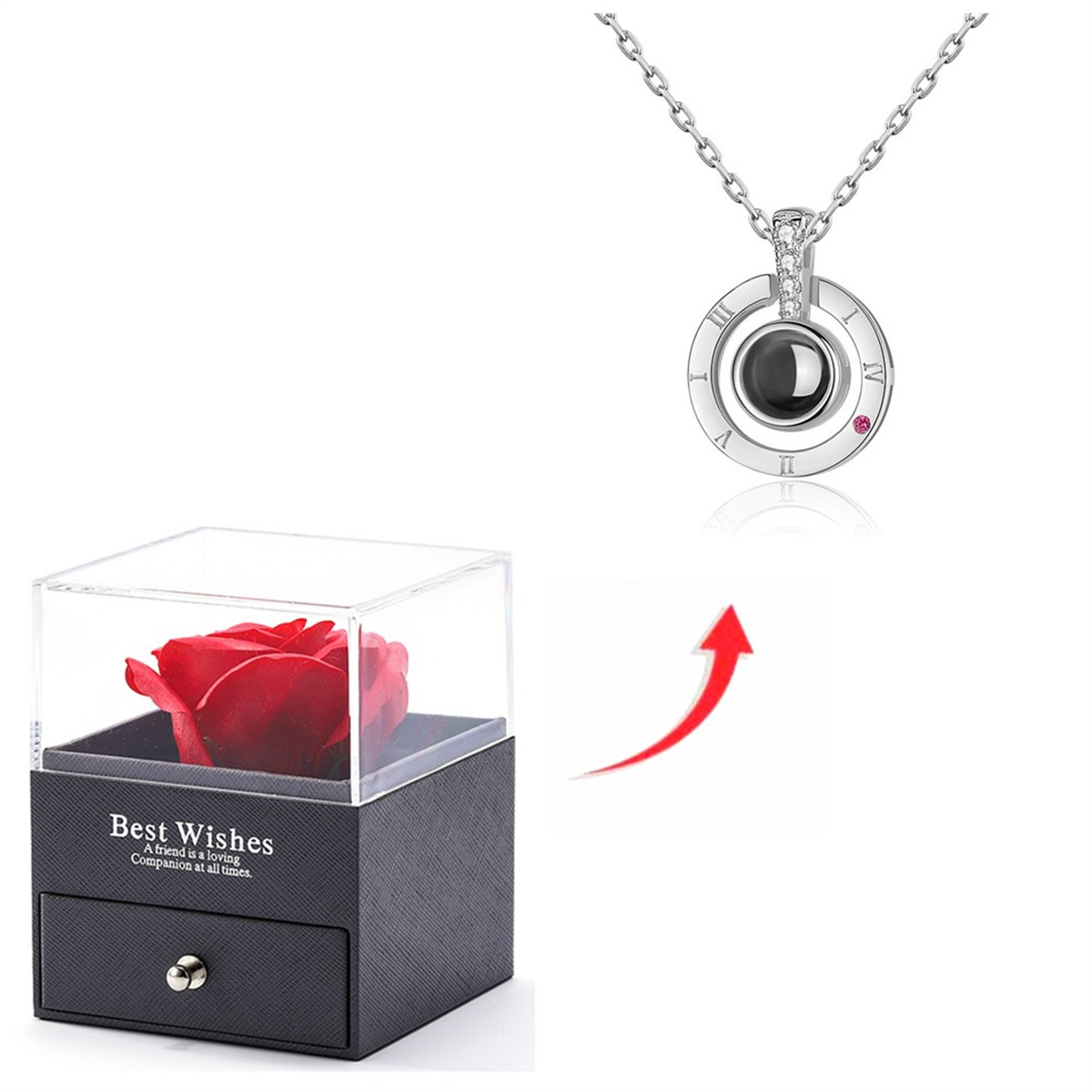 impostato di collane di proiezione con confezione regalo di rosa 100 lingue Ti amo Gioielli con ciondolo a forma di cuore Accessori di vendita caldi Dropshipping: Argento placcato