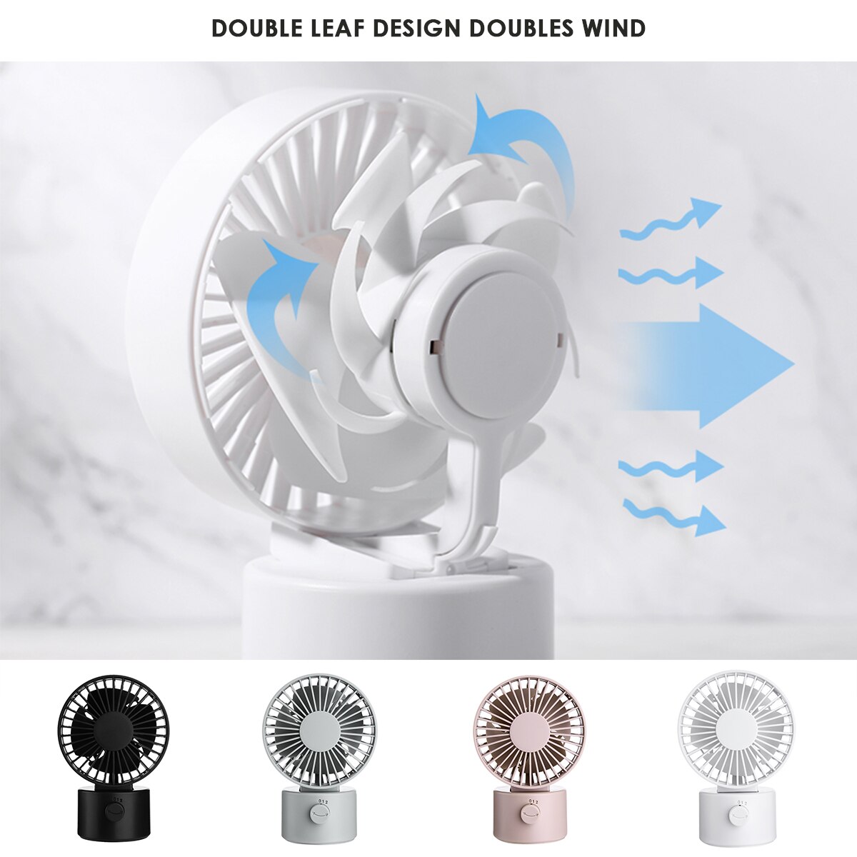 4 Front Blade 7 Back Blade Portable Desktop Oscillating Fan With Adjustable Head 2 Speeds USB Rechargeable Fan For Home Travel