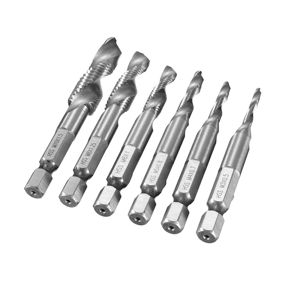 6Pcs Screw Tap Drill Bits HSS Screw Thread M3 M4 M5 M6 M8 M10 Metric Tap Combination Bit High Speed Steel 1/4 Hex Shank