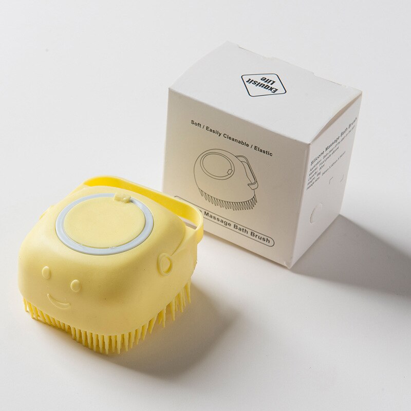 Cepillo de masaje para perros y gatos, dispensador de champú de belleza, peine de pelo para baño, cepillo de silicona suave, herramienta de belleza de limpieza: Square-yellow